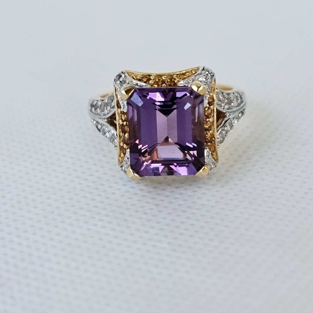 Victoria Wieck Genuine Amethyst & Citrine Ring 18K Gold Sterling Silver Size 7